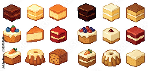 Dessert icons with cake slice layer cake bundt pixel art