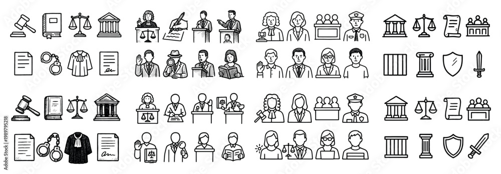 Obraz premium Justice and legal profession icon set