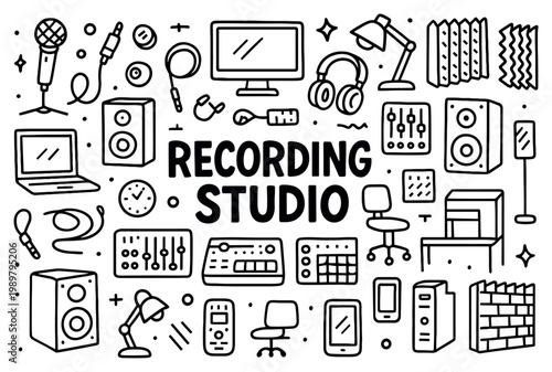 Recording studio icons with microphone headphones mixer monitor outline