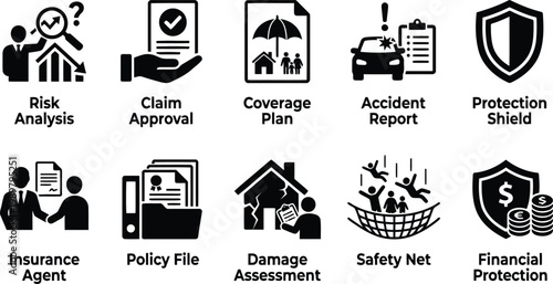 insurance icons set, risk analysis, financial protection symbols