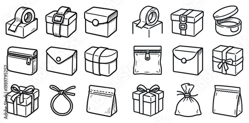 Gift icons with box ribbon tape in hand drawn outline sketch style