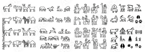 Black and white farm animals and farmers illustration