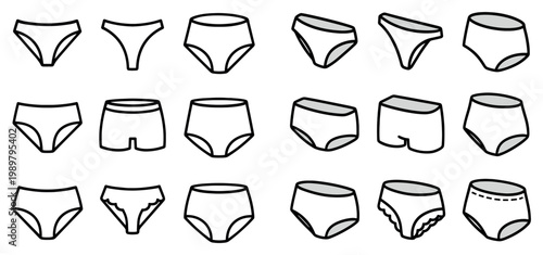 Underwear icons with briefs panties trunks outline flat