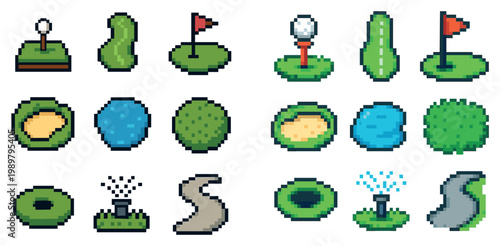 Golf icons with flag tee and bunker pixel