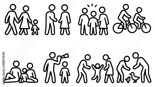 Family icons with people child bicycle outline style