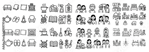 Home living icons: family, furniture, and decor