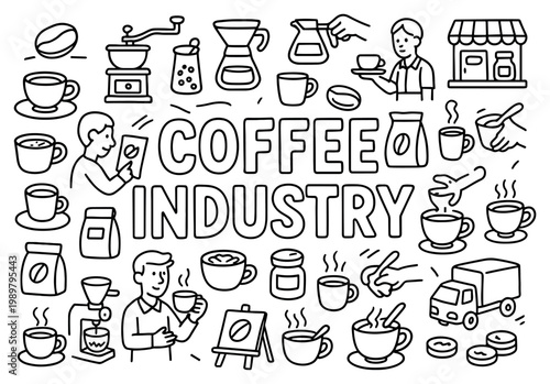 Coffee icons with cup beans grinder kettle hand drawn outline