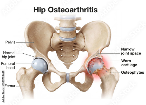 Hip Osteoarthritis. Worn Cartilage, Osteophytes and Narrow Joint Space vs. Normal Hip Joint Anatomy Diagram. Labeled