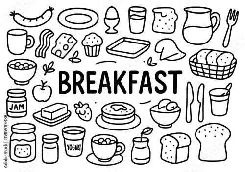 Breakfast icons with bread coffee egg in playful hand drawn outline style