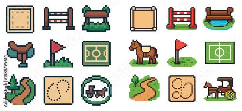 Equestrian icons with horse fence pond pixel art