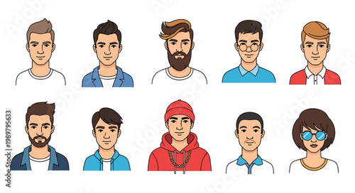 Diverse collection of modern male and female avatars with various hairstyles, facial hair, and clothing styles.