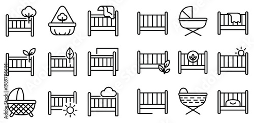 Nursery icons with crib bassinet blanket outline minimal