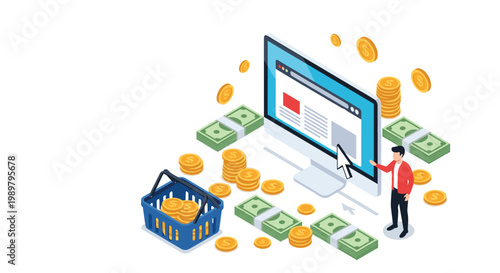 E-commerce business concept showing a man next to a computer monitor surrounded by stacks of money and a shopping basket.
