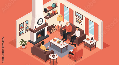 Cozy family gathering in an isometric living room featuring people chatting, a fireplace, and comfortable sofas.