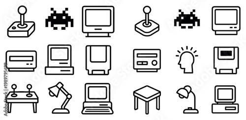 Retro tech icons with joystick monitor disk outline clean