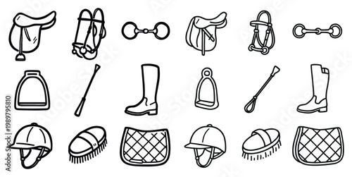 Equestrian icons with saddle bridle stirrup outline