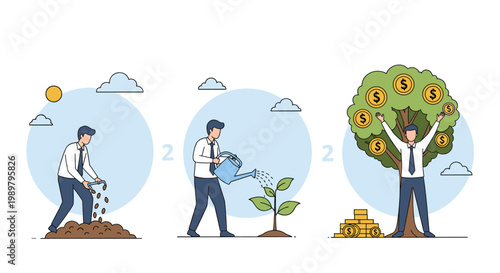 Illustrated stages of financial growth showing a businessman planting, watering, and harvesting coins from a money tree.