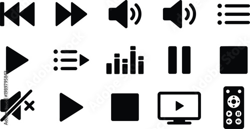 black and white media player icons set