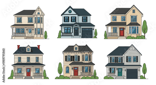 Selection of six detailed suburban residential house illustrations with different architectural styles, colors, and landscaping.