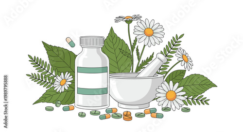 Natural herbal medicine composition with a white pill bottle, ceramic mortar and pestle, green leaves, and chamomile flowers.