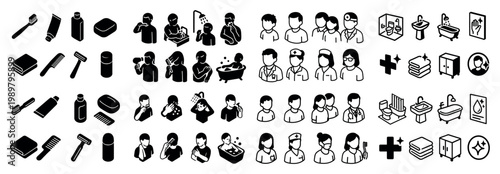 Black and white icons of personal care and hygiene