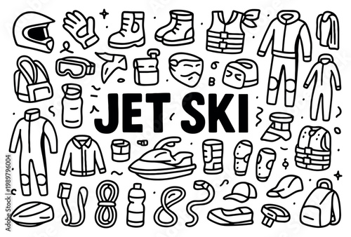Water sport icons with jet ski helmet vest hand drawn