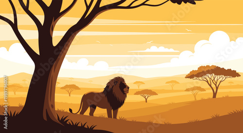 Majestic male lion standing in the African savanna during a golden sunset with acacia trees and rolling hills background.
