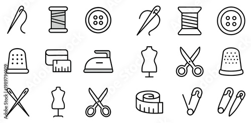 Sewing icons with needle thread button outline style