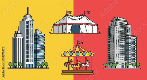 Illustration showing contrast between urban city skyscrapers and traditional circus elements on split yellow and red background.