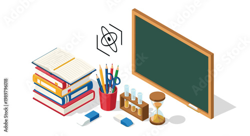 Isometric view of a school desk with stacks of books, stationary, science equipment, and a green blackboard on a white background.