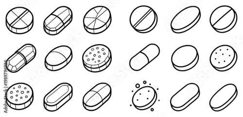 Medical icons with pill capsule tablet outline