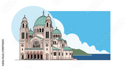 Majestic domed cathedral featuring intricate architectural details and multiple bell towers situated by the sea under a bright blue sky.