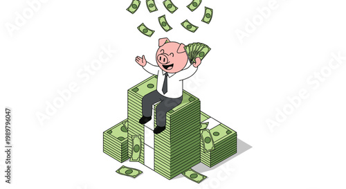 Cartoon illustration of a happy pig wearing a suit sitting on a huge stack of green money bills with banknotes falling from above.