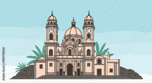 Front view of symmetrical colonial style church with central dome, twin bell towers, and tropical palm tree silhouettes in the background.