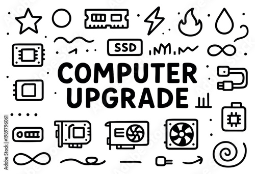 Computer upgrade icons with chip fan cable minimal outline