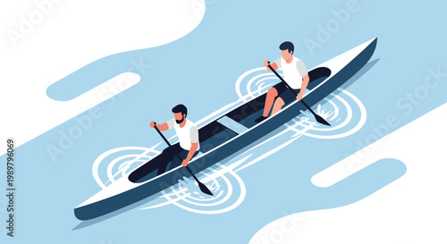 Isometric illustration of two men synchronized rowing a long canoe on a blue river with stylized water ripples and white clouds.