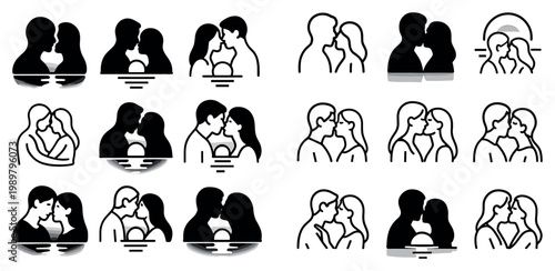 Romance icons with kissing couple silhouette minimal style