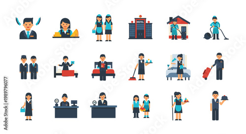 Set of flat pixelated icons representing various hotel staff roles including reception, housekeeping, bellhop, and maintenance services.