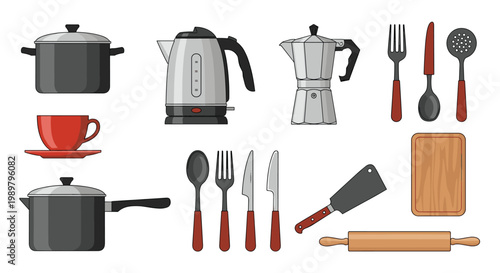 Collection of essential kitchenware items including pots, kettle, coffee maker, cutlery, and various cooking tools on a white background.