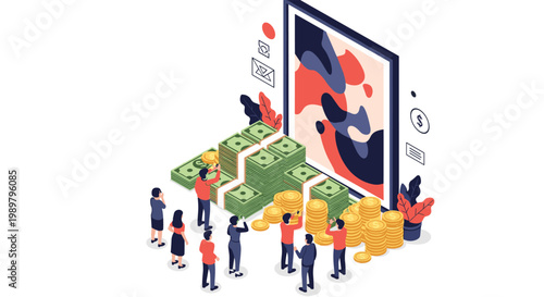 Isometric illustration of group of people observing a large tablet displaying money and stacks of gold coins and banknotes in front of it.