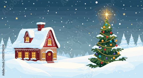 Picturesque winter scene of a cozy cottage covered in snow next to a decorated Christmas tree under a starry night sky with falling snow.