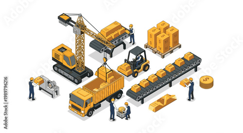 Busy industrial scene showing the production and transport of gold bars with heavy cranes, trucks, and forklifts.