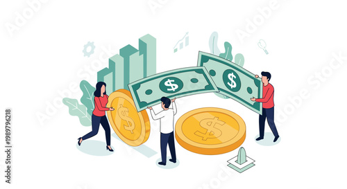 Three business people working together to move giant dollar bills and gold coins near a bar chart representing financial growth.