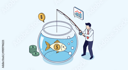 Businessman using a fishing rod to catch a golden dollar-sign fish from a glass fishbowl on a blue background.