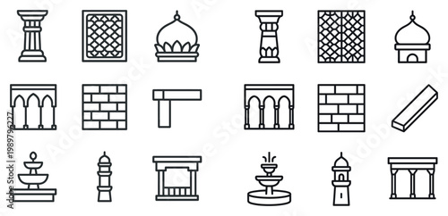 Architecture icons with pillar dome window outline style