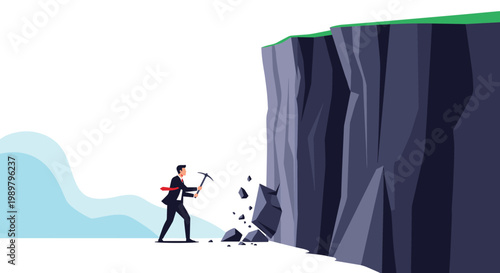 Determined professional businessman using a pickaxe to break through a massive dark rock wall on a white background.
