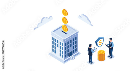 Isometric view of a modern bank building with large golden coins being deposited into it as a giant piggy bank.