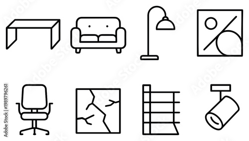 Interior furniture icons with sofa table and lamp outline