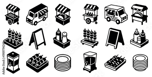Food icons with cart truck bottle isometric
