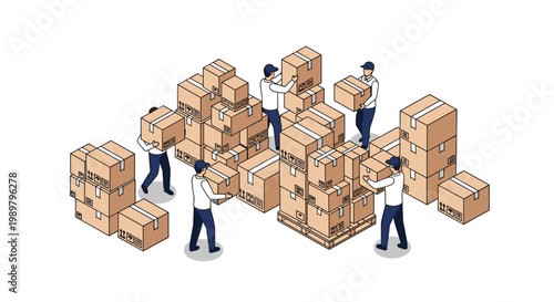 Group of professional warehouse workers in uniforms moving and stacking heavy cardboard boxes in a storage facility.